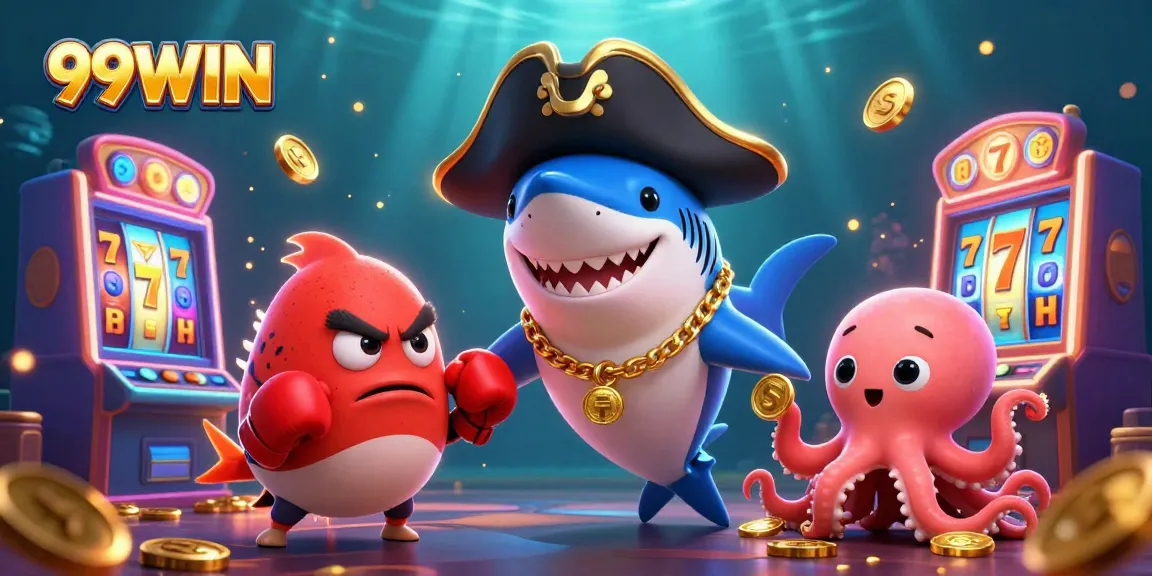 Experience 99WIN's thrilling casino adventure with a vibrant, cartoon-inspired underwater scene featuring playful characters and colorful slot machines.