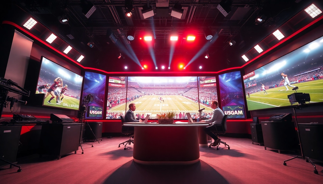 Sports Broadcasting studio showcasing hosts in an engaging discussion with advanced technology.