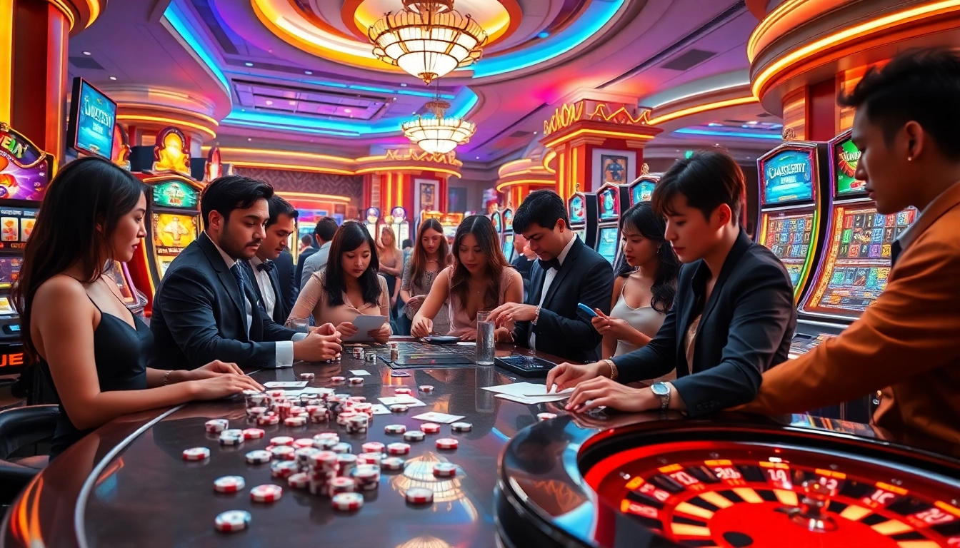 Experience the vibrant atmosphere with WIN678 đăng nhập, showcasing gamblers enjoying various casino games.