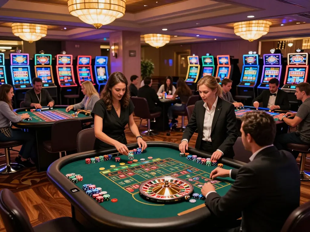 Experience dynamic gameplay at https://www.mnm88.com/ on a vibrant casino floor with roulette tables and engaged players.
