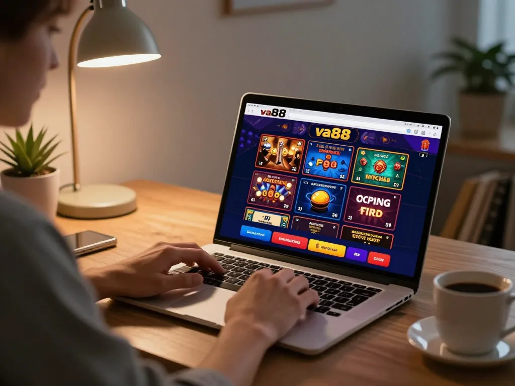 Engaging online gambling session with va88 interface, showcasing a relaxing home gaming atmosphere.