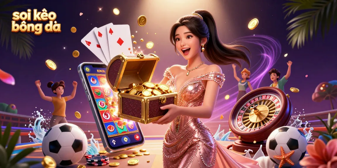 Soi kèo bóng đá highlights thrilling action with an Asian woman presenting treasure, surrounded by exciting sports betting elements.
