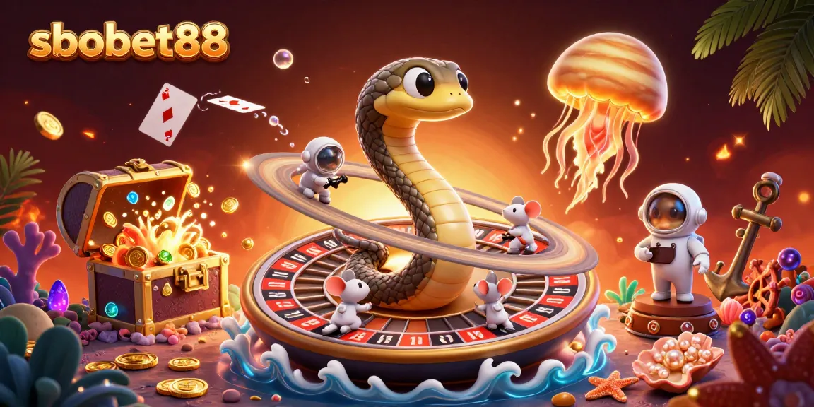Engage in sbobet88 betting with astronaut mice around a roulette wheel, showcasing vibrant casino elements.
