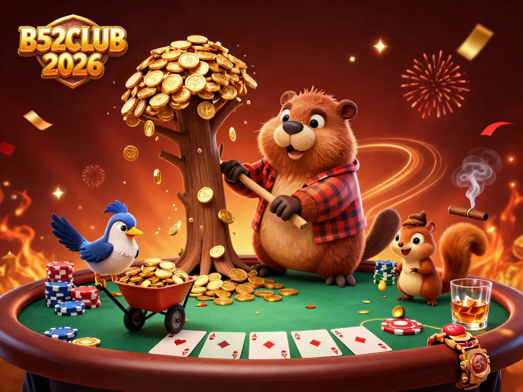 B52CLUB 2026 features animated characters celebrating gambling with gold coins, poker chips, and festive fireworks.