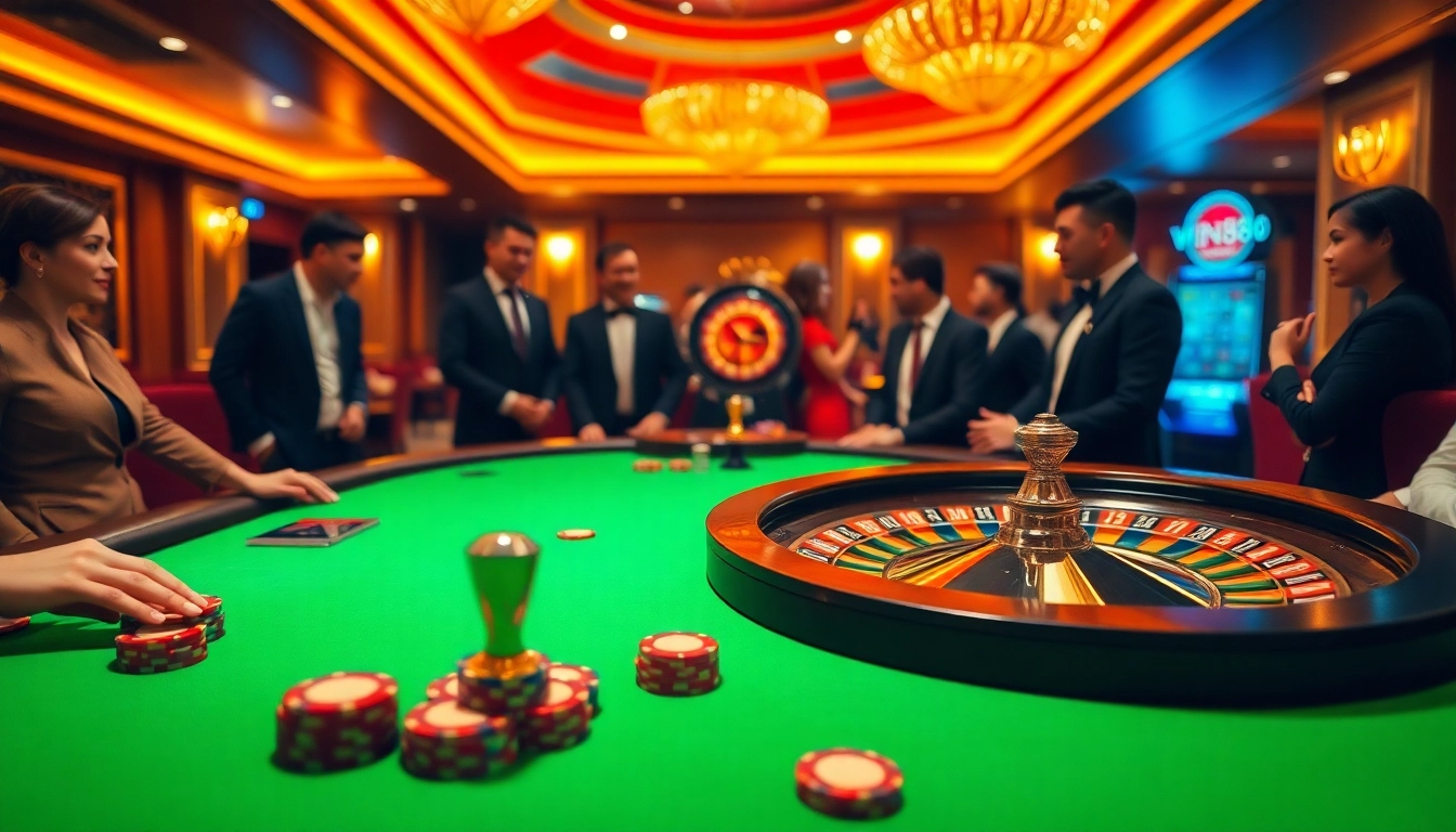 vin88 players engaging in an exciting casino atmosphere with a poker table and slot machine.
