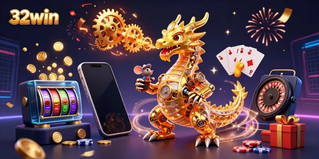 Experience thrilling 32win action with a golden dragon breathing gears amidst vibrant casino elements.
