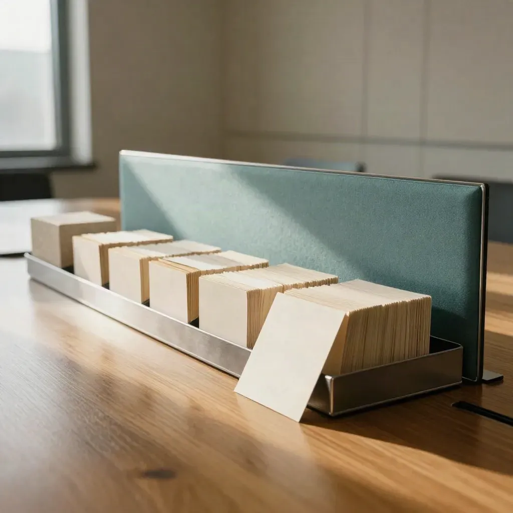 Metalik tepside sıralı boş kartlar, öne çekilmiş takip kartı, taş blok ve sabah ışığı.