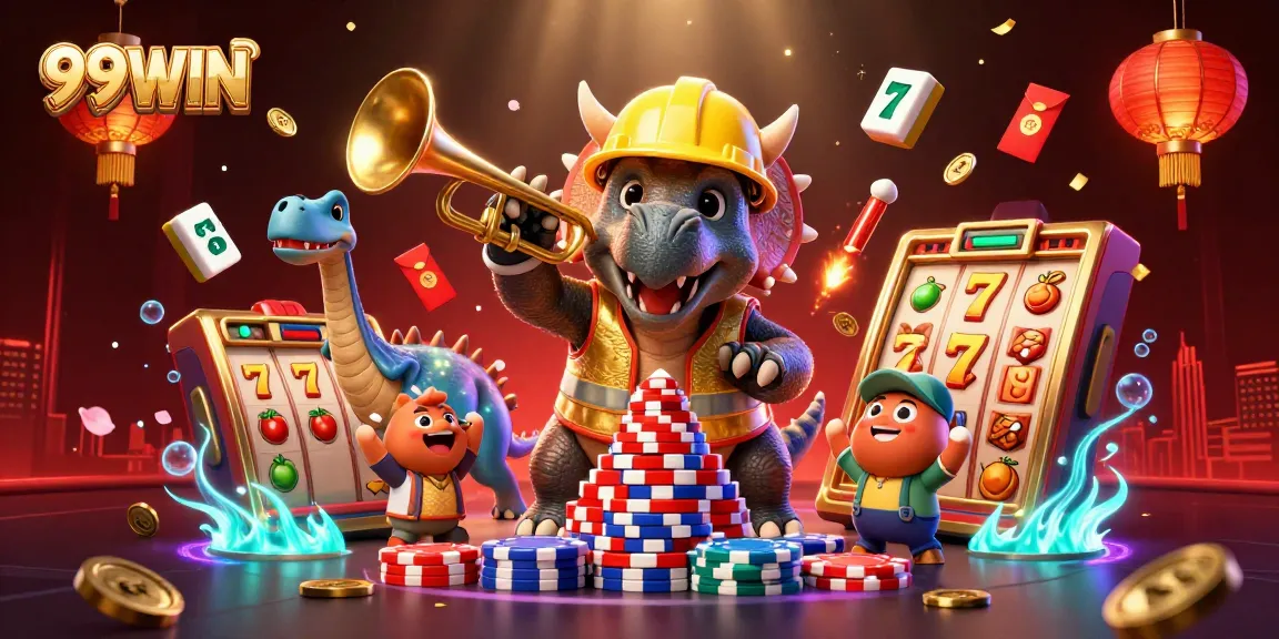 Experience the thrilling excitement of 99WIN with a vibrant casino scene featuring poker chips and players.