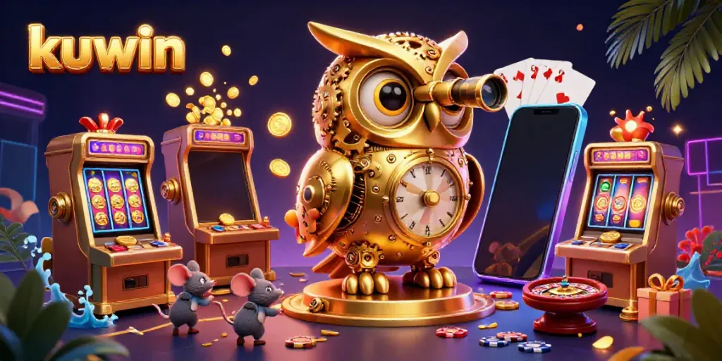Kuwin enhances your gaming experience with an exciting casino scene featuring a golden owl and vibrant games.