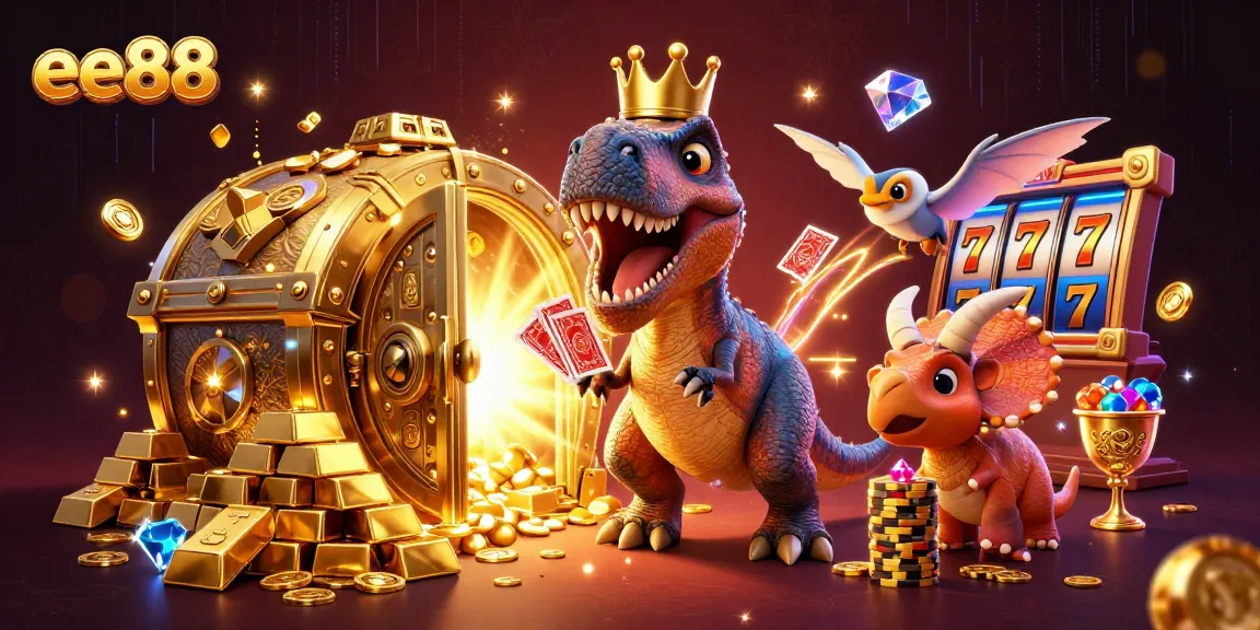 ee88 Casino illustration featuring a friendly T-Rex shuffling cards, Pterodactyl assistant, and Triceratops with chips.