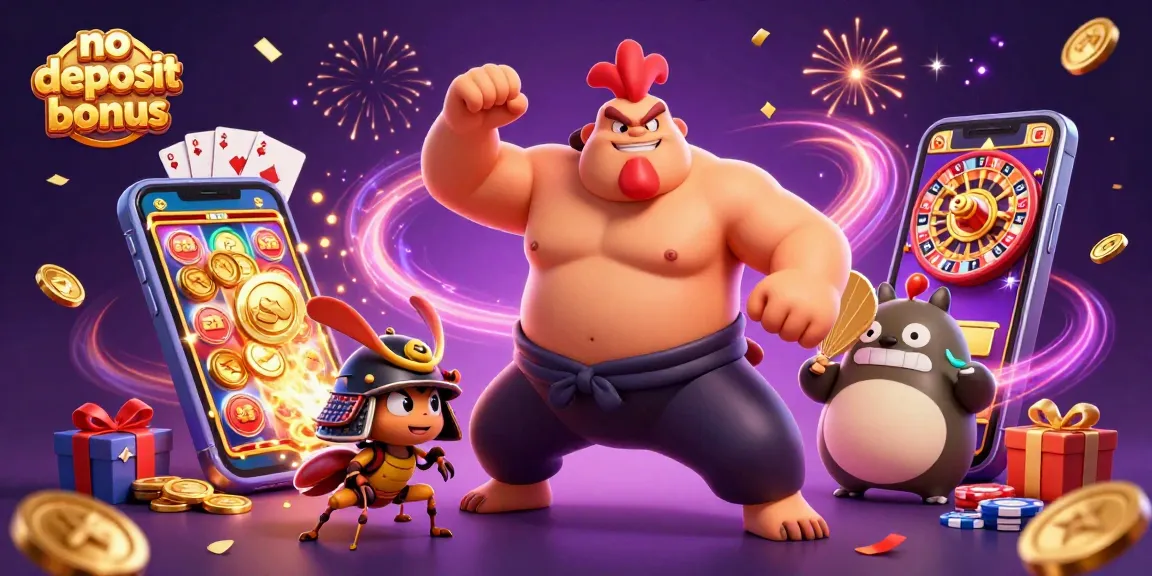 Experience no deposit bonus excitement in this vibrant, dynamic casino scene showcasing unique characters.