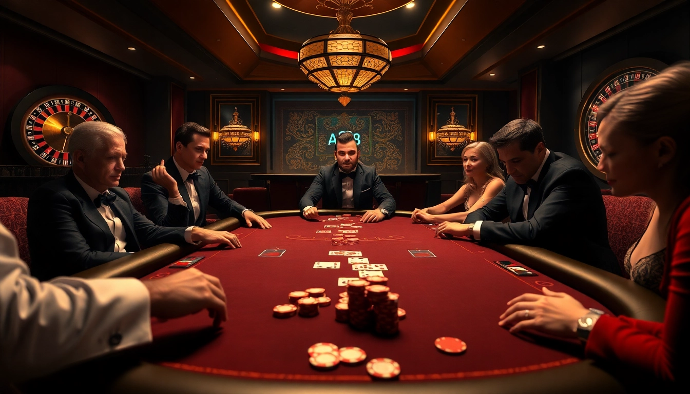 Players strategizing at a lavish poker table with DA88-related poker chips and cards, showcasing high-stakes action.