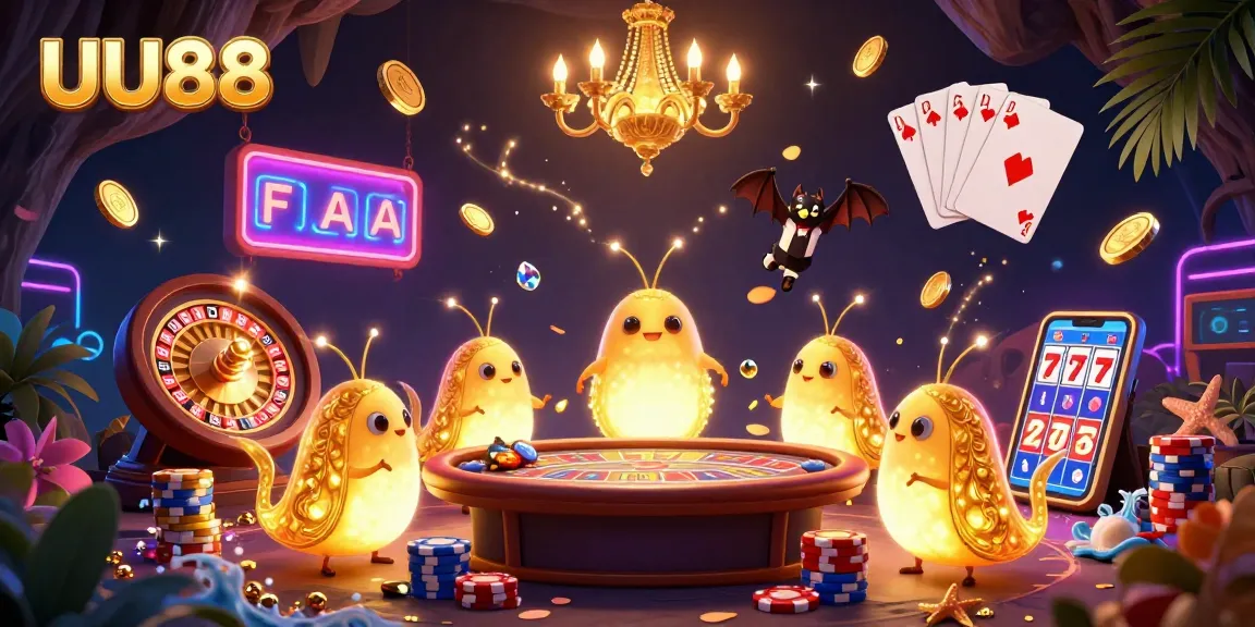 Experience thrilling casino excitement with UU88, featuring glowworms illuminating a vibrant game-filled cave.
