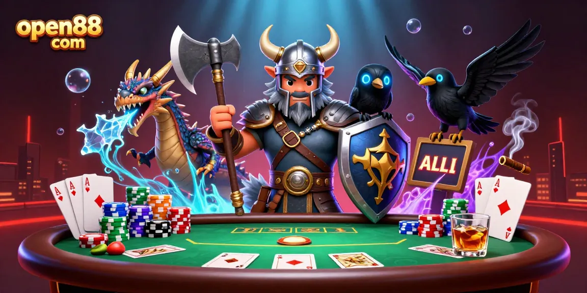 Engage with open88 com at a vibrant poker scene featuring a Viking wolf warrior!
