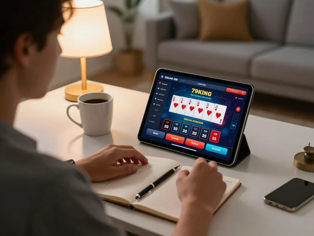 Engaged player exploring 79KING online casino on tablet amidst a cozy home atmosphere.