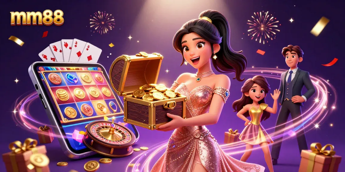 Experience mm88 casino excitement with a joyful Asian woman presenting a treasure chest of winnings.