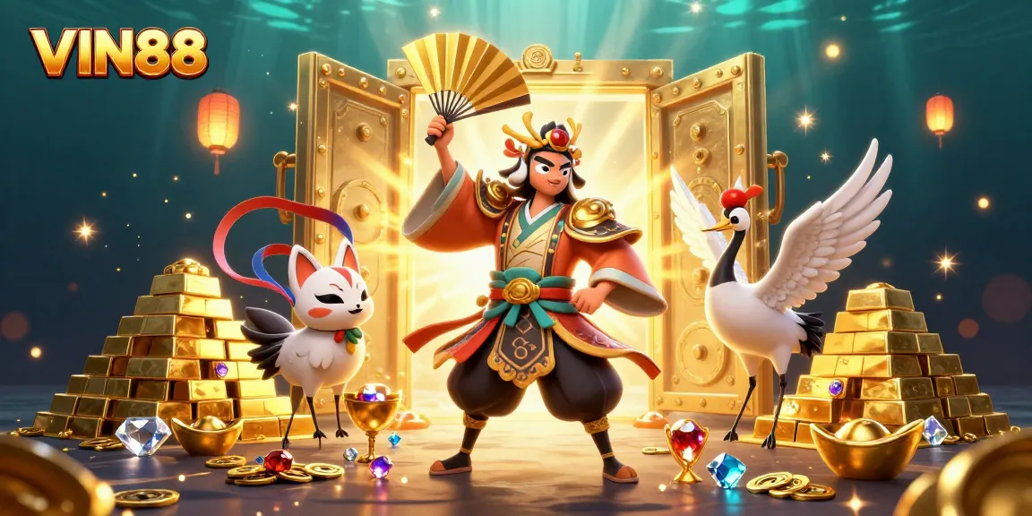 Experience the dynamic action of VIN88 with kabuki warriors and gold treasures in an immersive casino environment.