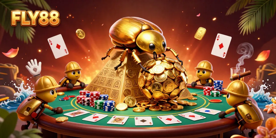 FLY88 offers a thrilling experience with golden beetles amidst poker elements and casino symbols.