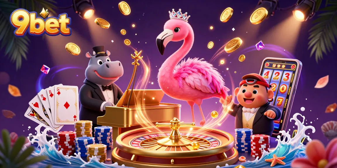 Experience the thrill of 9bet with a vibrant casino illustration featuring a flamingo singer, hippo bassist, and dynamic gaming elements.
