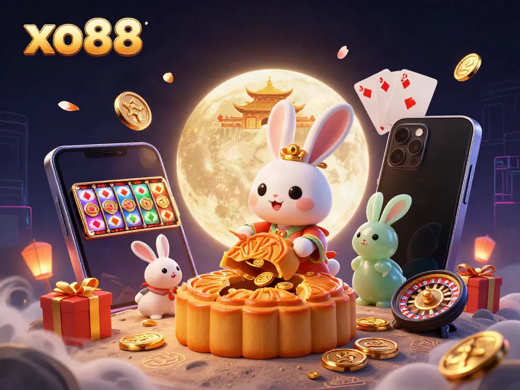 Experience exciting gaming with xo88 as a moon rabbit reveals poker chips from golden mooncakes.
