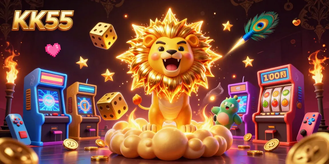 Immerse in KK55's vibrant casino scene with a magical sun lion and interactive gaming elements.