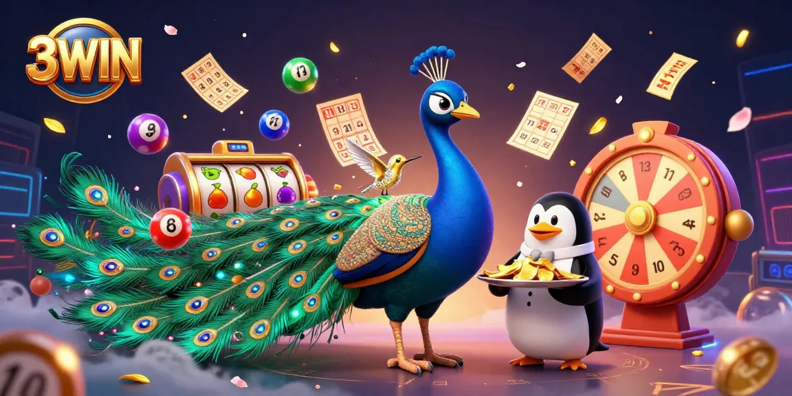 Experience thrilling games at 3WIN with vibrant visual elements, including slots, bingo, and prizes.