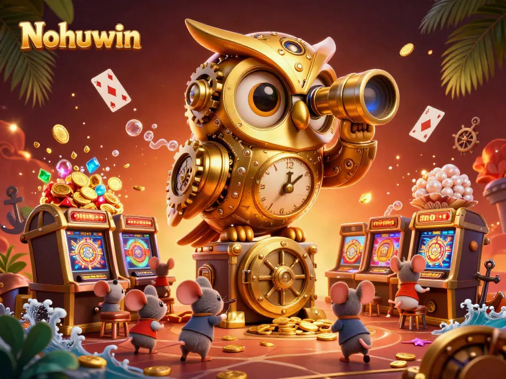 Nohuwin presents an enchanting 3D scene where a golden owl surveys a vibrant casino, surrounded by festive gaming elements.