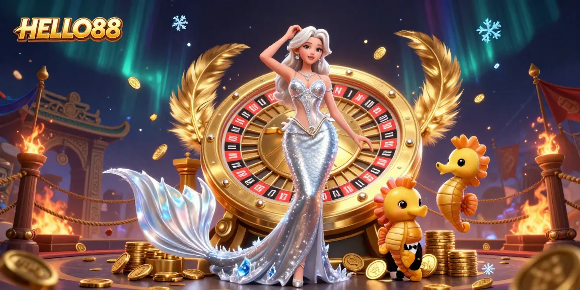 Engage with HELLO88 in a lively casino scene featuring festive characters and dynamic gaming elements.