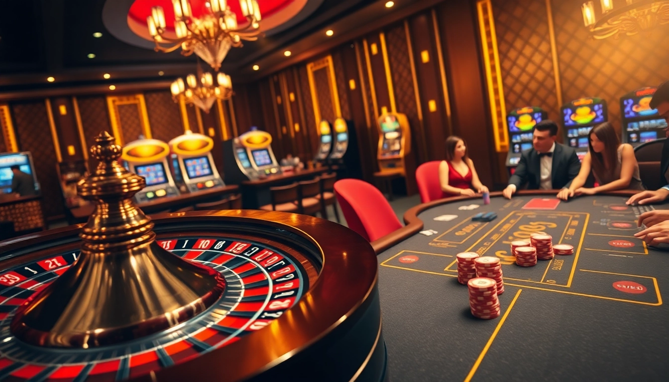 Experience the thrill of gambling at rr88 com with a luxurious casino scene showcasing roulette and poker.