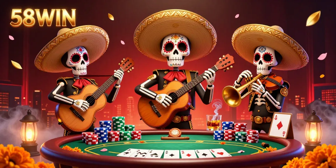 Engage with 58WIN's vibrant casino scene featuring skeleton mariachi band and poker elements.