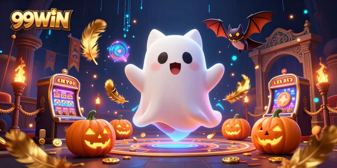 Experience thrilling entertainment at 99WIN with a friendly ghost cat and vibrant casino elements.