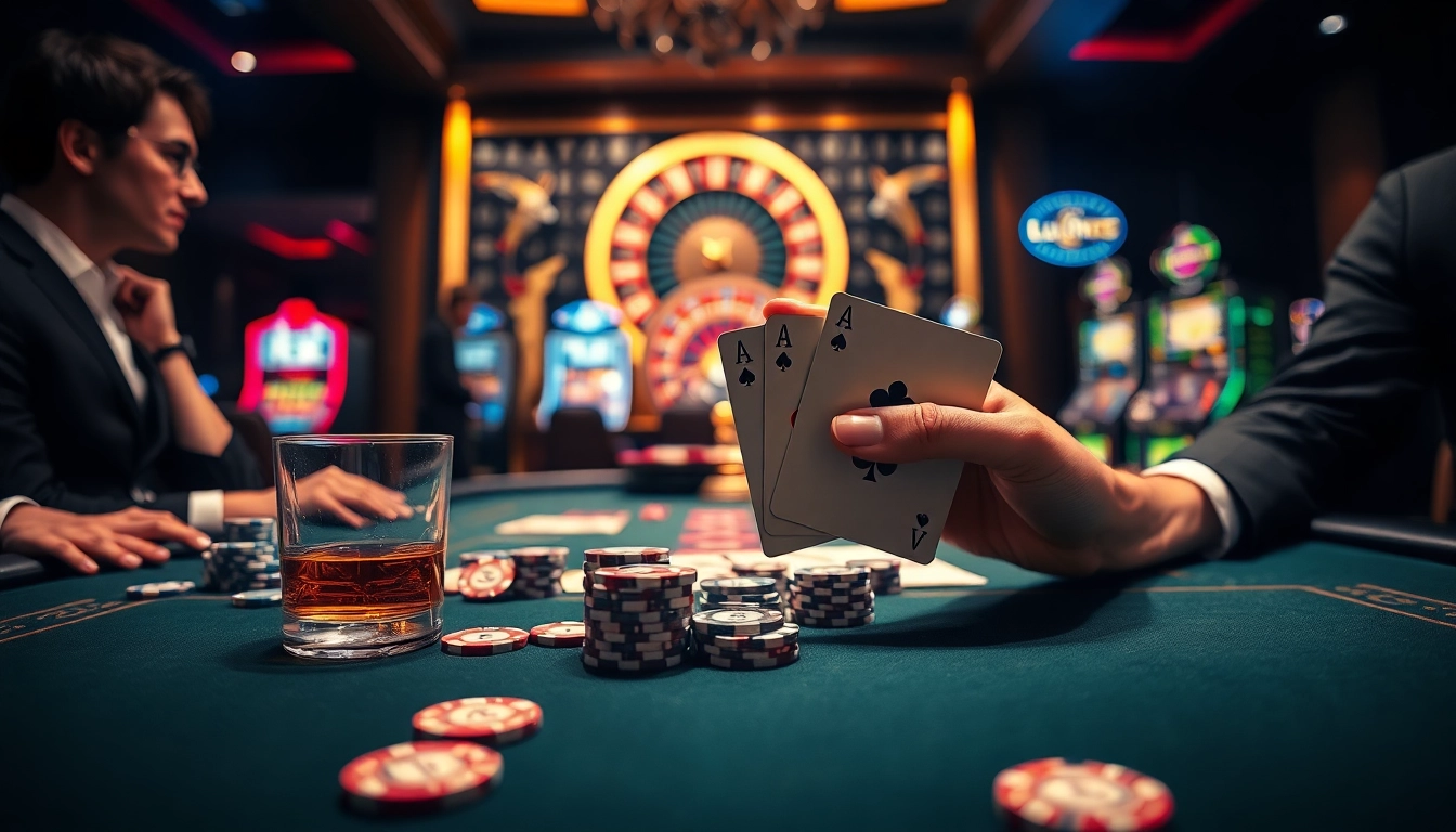 LU88 players celebrating a winning hand at an elegant poker table in a luxurious casino.
