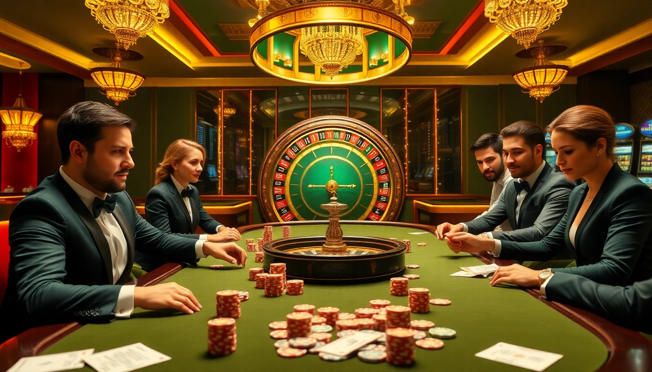 Players enjoying a high-stakes game at xo88 casino with vibrant chips and cards.