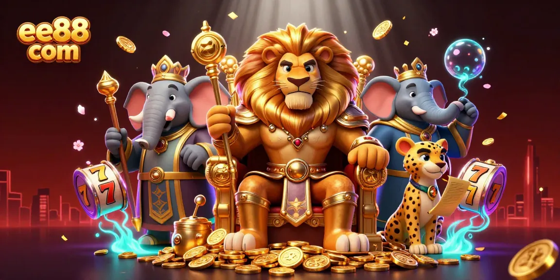 Experience excitement at ee88 com while spinning slot reels in a vibrant casino scene.