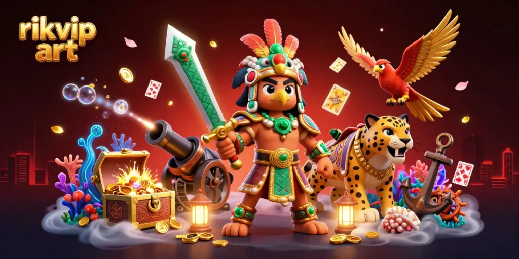 Experience the vibrant action of rikvip art with Aztec warrior characters in a dynamic casino scene of treasure and gaming.
