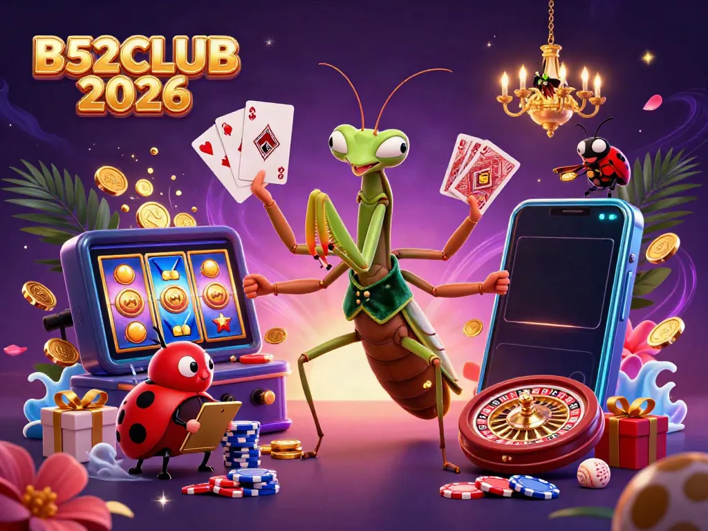 Experience the vibrant B52CLUB 2026 casino scene with a giant praying mantis and ladybug pit boss.