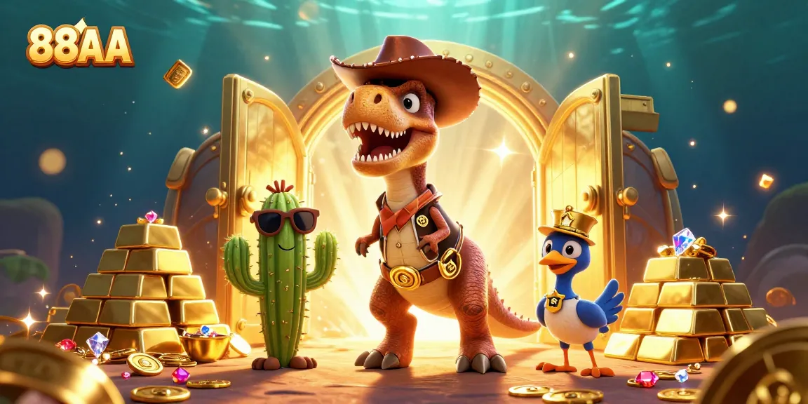 Engage in thrilling casino adventures with 88AA featuring a T-Rex, cactus, and roadrunner amidst treasure.