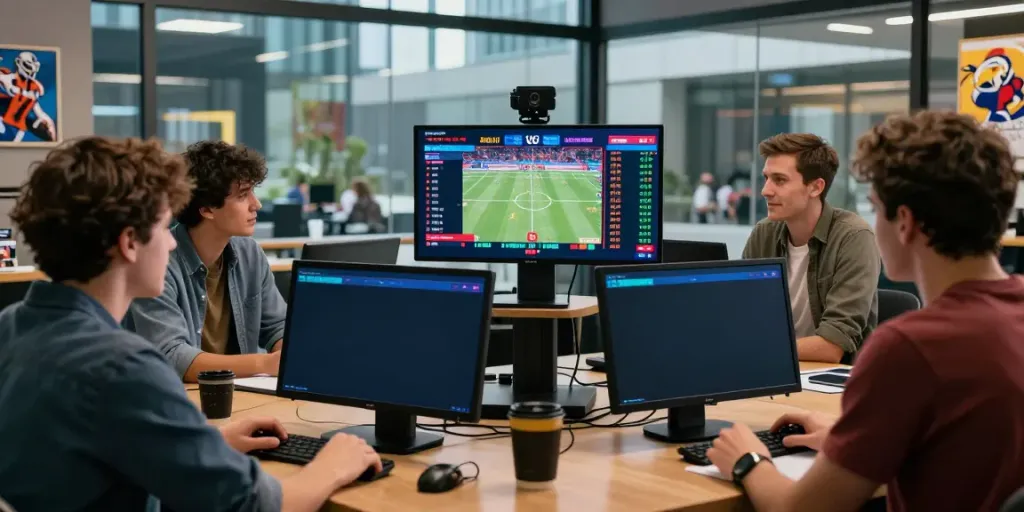 Exciting sports betting scene at FC88 with live odds display and enthusiastic participants.