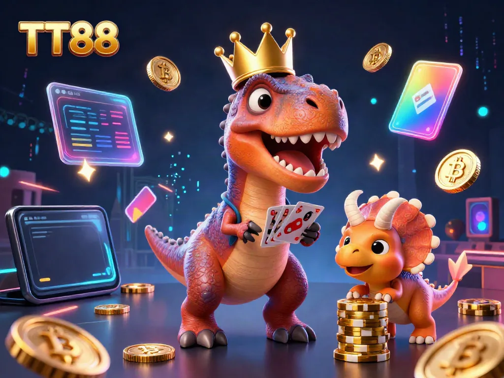 TT88 showcases its vibrant gaming scene with a T-Rex shuffling cards, exuding casino excitement.