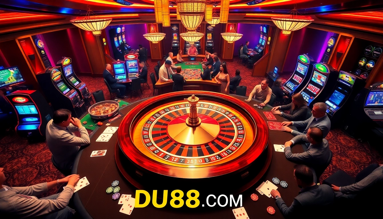 Engaging players enjoying diverse gambling games at DU88 COM casino, featuring roulette and poker.