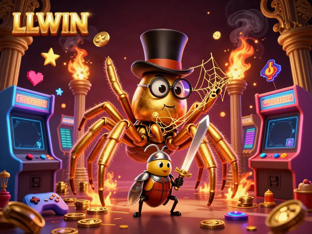 Engage with LLWIN's vibrant gaming world, featuring a golden tarantula and beetle knight amidst colorful arcade elements.