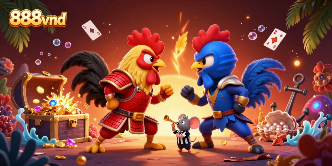 Engage with the thrilling action of 888vnd's unique fighting rooster showdown in a vibrant casino world.