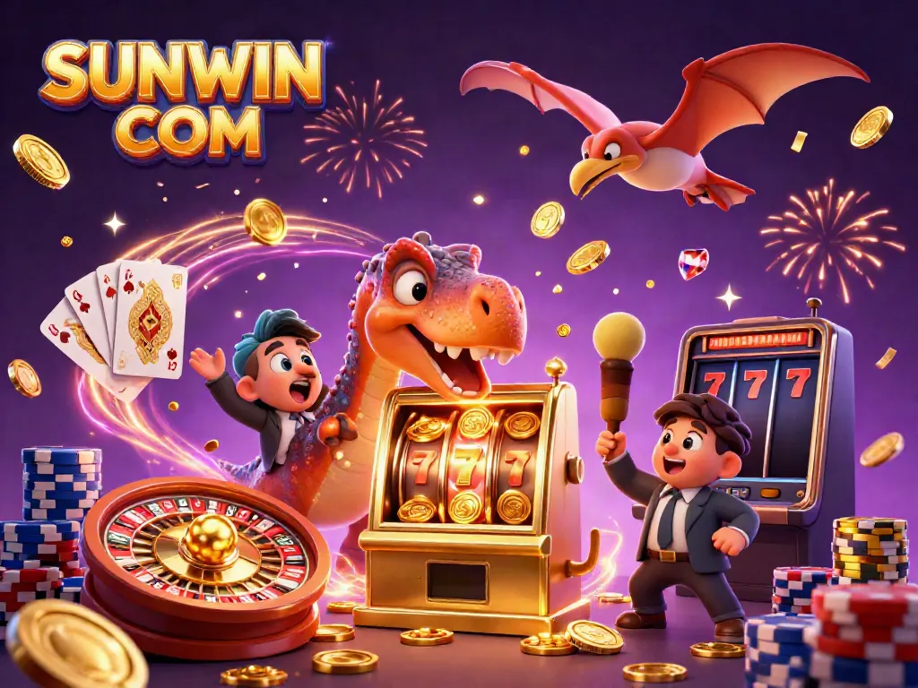 Experience casino excitement with SUNWIN COM as a dinosaur wins big at a slot machine amidst flying coins.