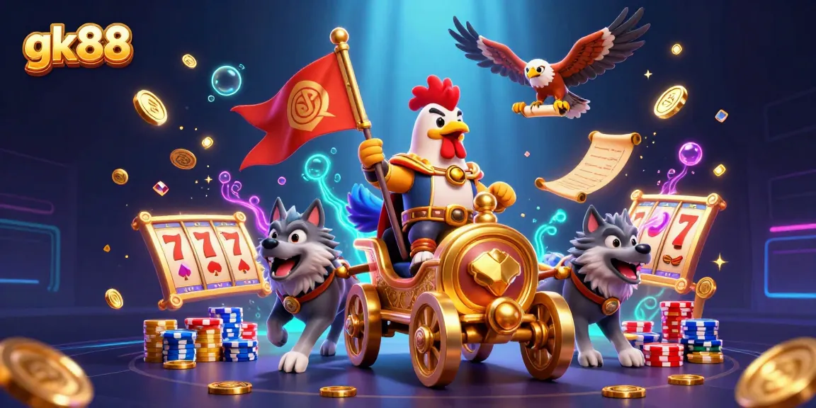Trải nghiệm gk88 với chiến mã vương giả và các biểu tượng casino lấp lánh bay quanh.