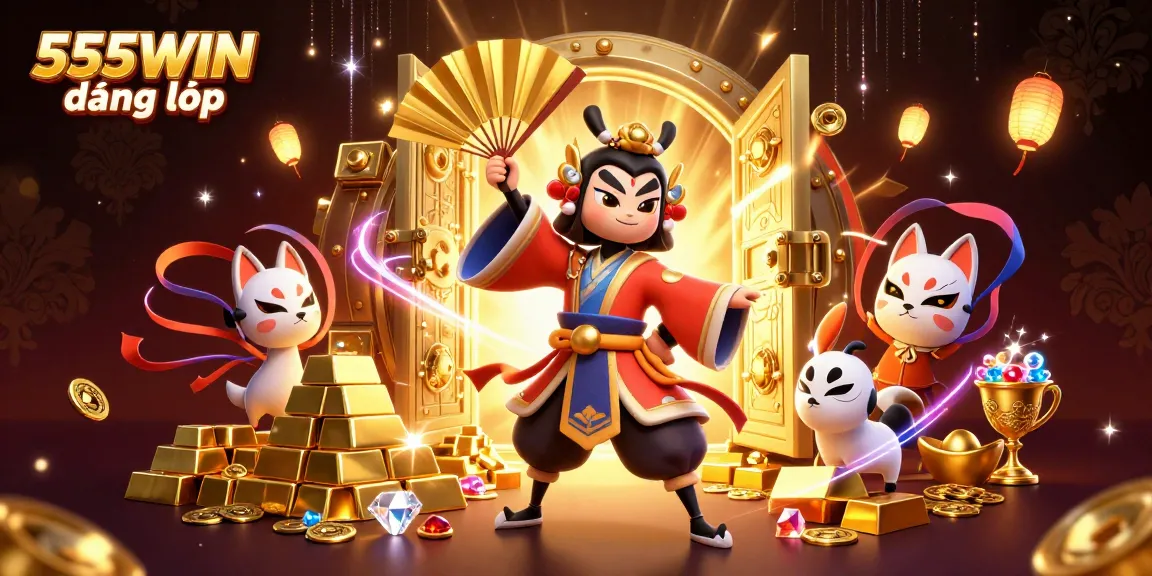Engage with the vibrant world of 555WIN đăng nhập, showcasing lively 3D casino elements and dynamic characters.