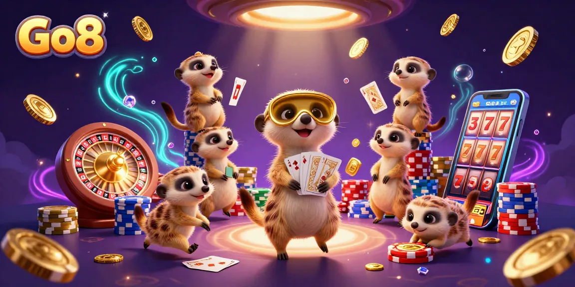 Go8 meerkats orchestrate a dynamic casino scene with vibrant game elements and impressive decorations.