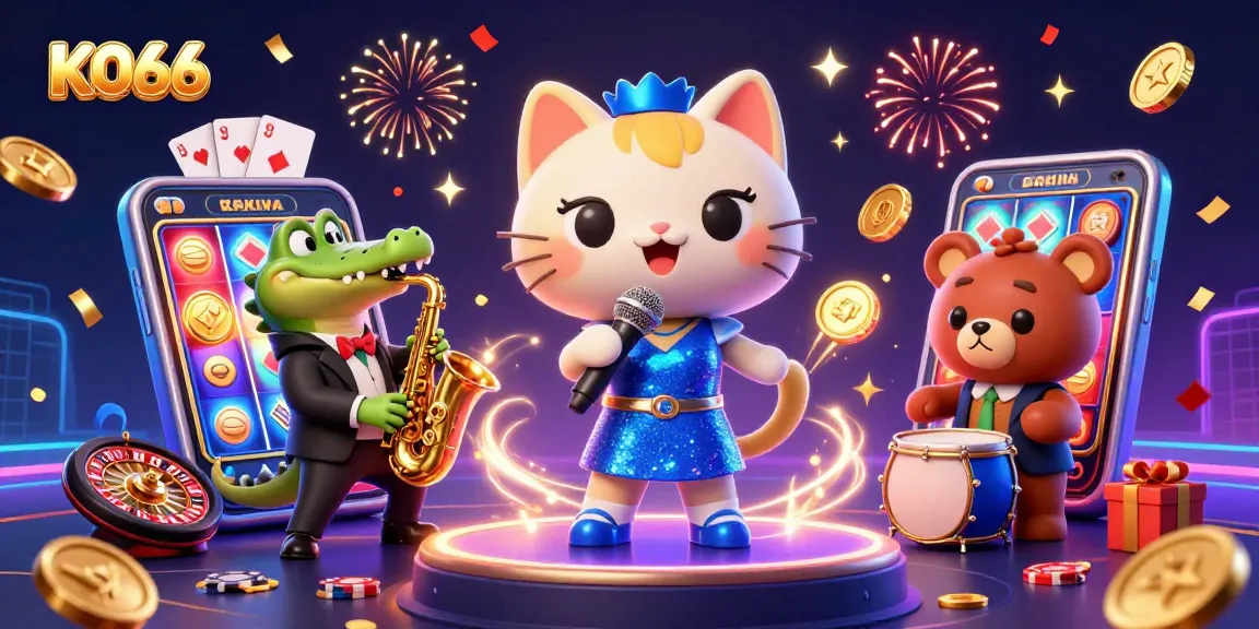 Win at KO66 with a vibrant casino scene featuring a singing cat and saxophone croc.