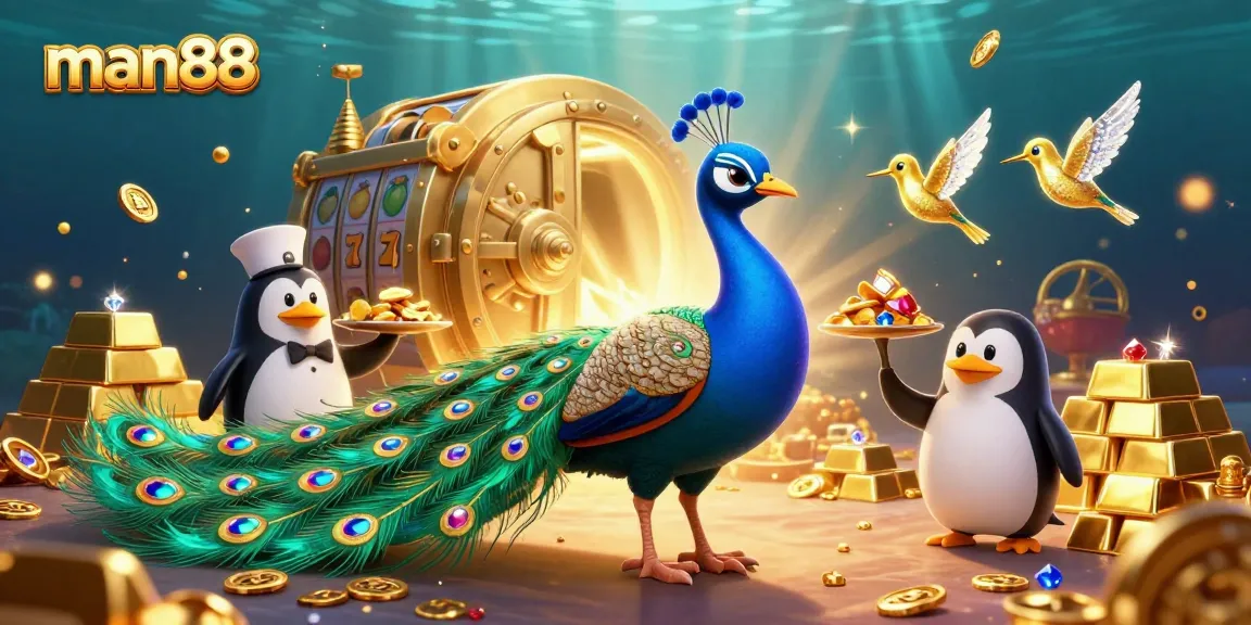 Experience man88's vibrant slot games with a 3D peacock, penguin, and hummingbird amid golden treasures.