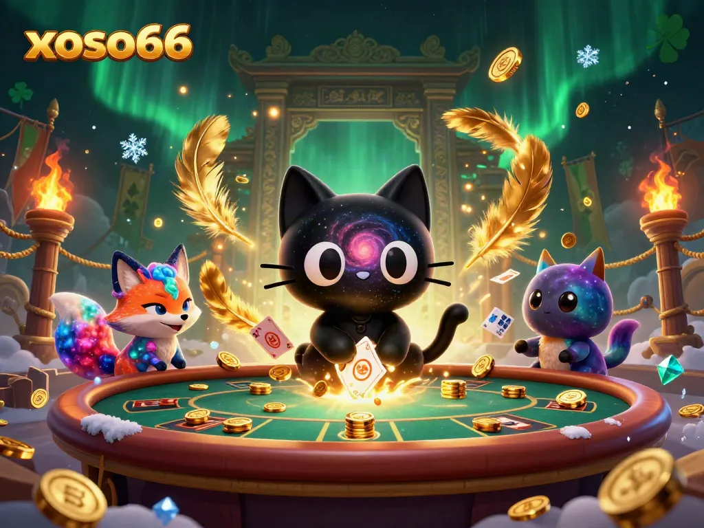 Experience the excitement of xoso66 with a cosmic casino scene featuring a black hole cat and a nebula fox.
