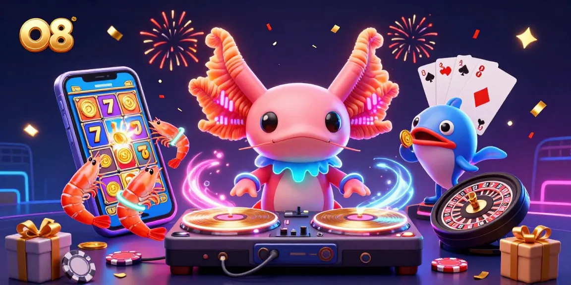 Win big with O8's vibrant casino scene, showcasing a neon axolotl DJ and colorful game elements.